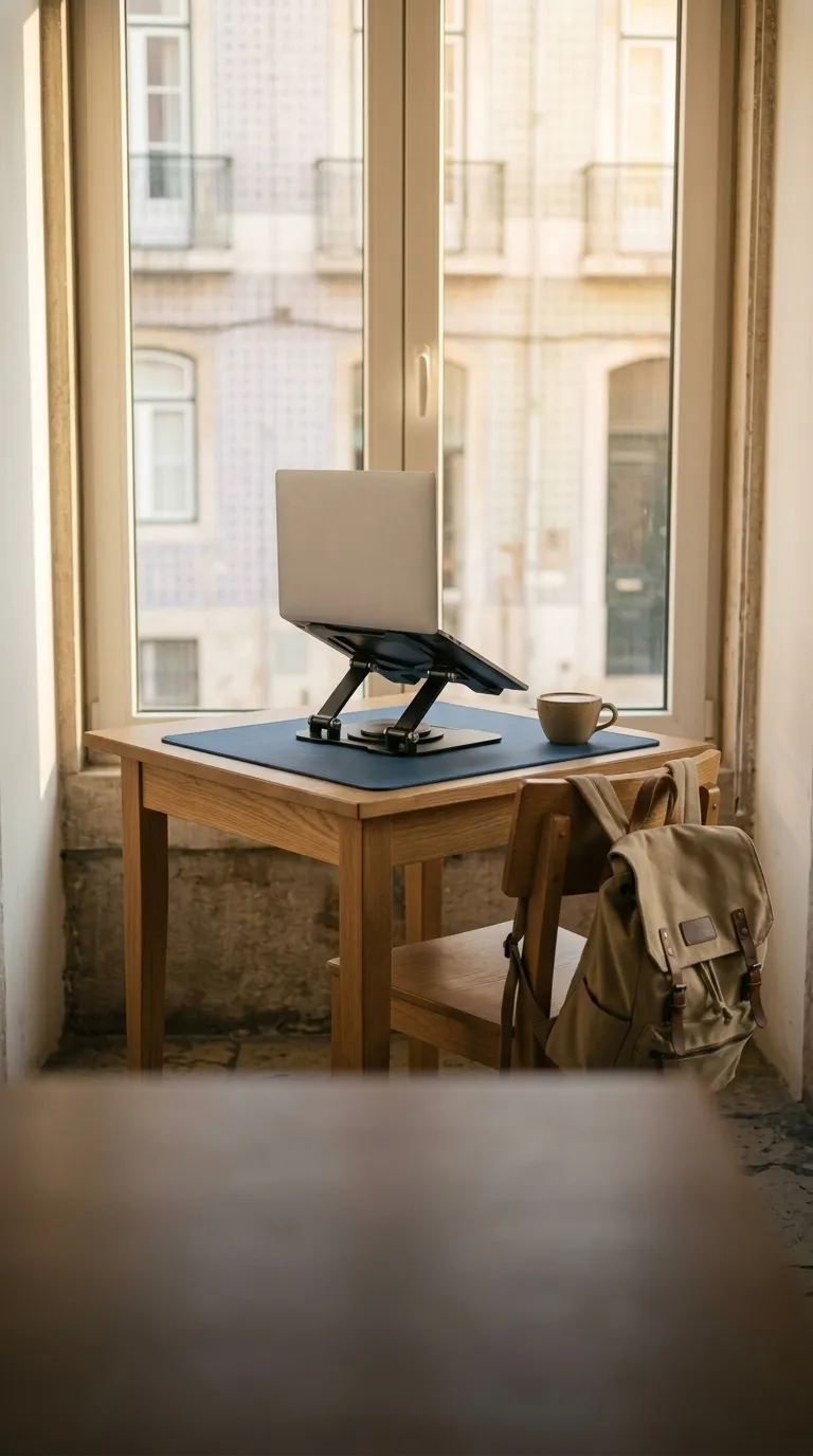 Laptop on a fold-flat stand and a blue desk mat on a café table by a sunlit window, coffee beside it, a backpack on the chair