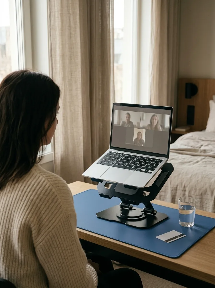 A woman on a video call with her laptop raised on a stand at a hotel desk