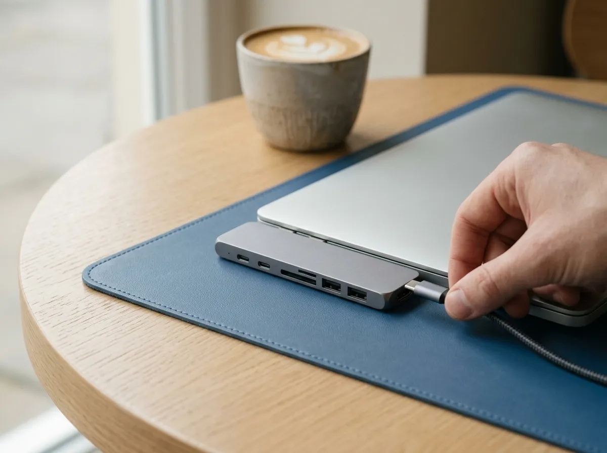 A hand plugging a cable into a slim USB-C hub attached to the side of a laptop
