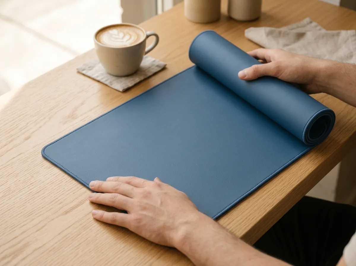 Hands unrolling a thin blue desk mat across a café table