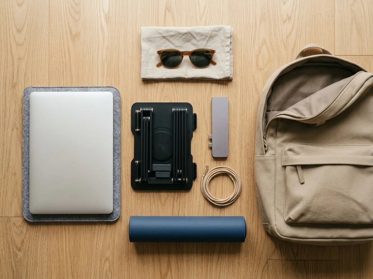 The folded stand, rolled desk mat and USB-C hub laid out next to an open backpack